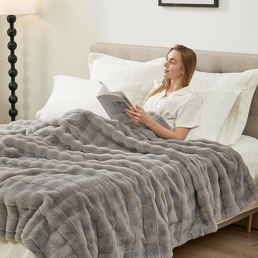 Cozy Bliss Fluffy Faux Fur Throw Blanket for Couch,Warm Cozy Soft Grey Throw Blankets for Sofa Bed Living Room,60x80 Inches