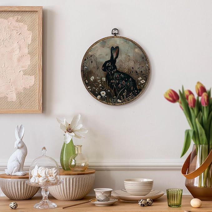KFXHANGD Vintage Witchy Black Bunny Round Wall Art Framed,Decor, Cottagecore Rabbit Canvas Wall Art Decor, Dark Academia Bunny Floral Hanging Decor for Farmhouse Bathroom Living Room, 10x10in