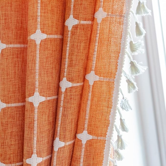 Sutuo Home Terracotta Boho Curtains for Kitchen,Semi Blackout Linen Plaids Farmhouse Tassels Window Treatment Bohemian Embroidery Drape for Fall Decor, Rod Pocket 1 Panel 52" W x 63" L, Burnt Orange