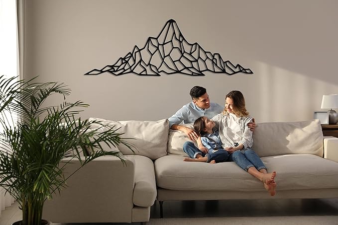 Mountain Wall Art - Geometric Mountain Range - 3D Wall Silhouette Metal Wall Decor Office Decoration Bedroom Living Room Decor Sculpture (Black, 47" W x 16" H / 119x40cm)