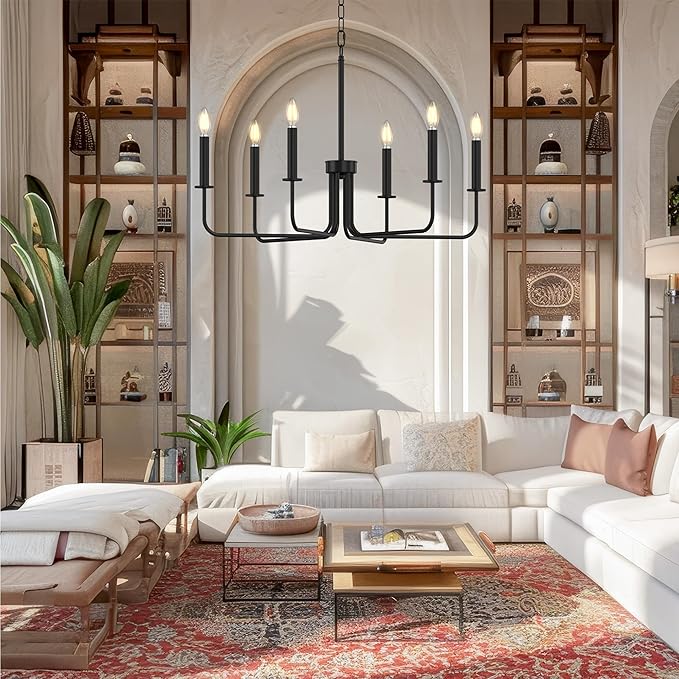 Farmhouse Chandelier, 6-Light Metal Hanging Ceiling Light Fixture for Dining Room, Kitchen Island, Living Room, Entryway, Foyer-Matte Black