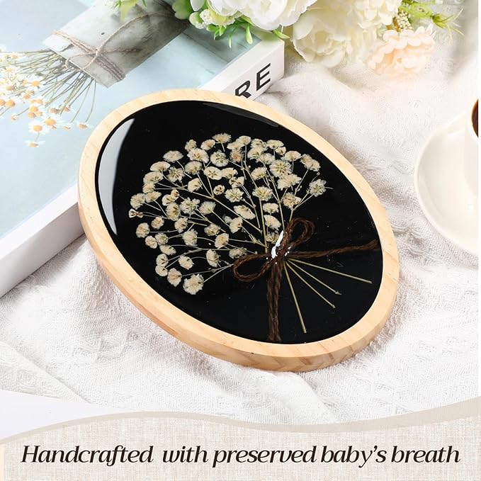 Kathfly Wooden Pressed Flower Wall Decor Resin Natural Baby's Breath Wall Art Framed Dried Flower Artwork with Bow Boho Floral Hanging Decor for Bedroom Living Room Gallery Office(5x7 Inch)