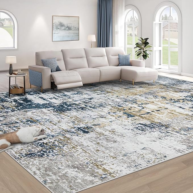 10x14 Area Rugs for Living Room: Washable Modern Abstract Rug Large Soft Non Slip Living Room Rug Indoor Low Pile Carpet for Bedroom Dining Room Home - Blue Grey Brown