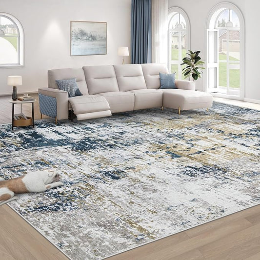 10x14 Area Rugs for Living Room: Washable Modern Abstract Rug Large Soft Non Slip Living Room Rug Indoor Low Pile Carpet for Bedroom Dining Room Home - Blue Grey Brown