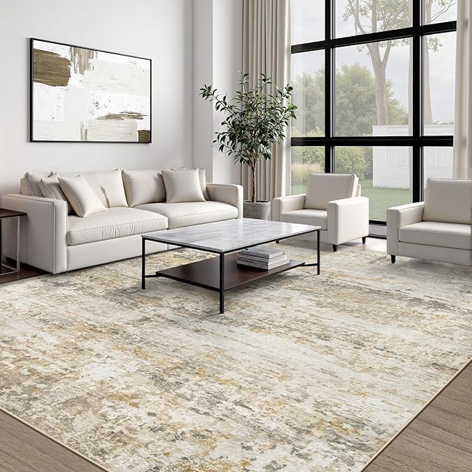 Area Rugs 8x10 for Living Room: Washable Rug Modern Abstract Neutral Soft Non-Slip Low-Pile Indoor Large Carpet for Bedroom Dining Room Playroom Home Office (Beige Grey Brown, 8'x10')