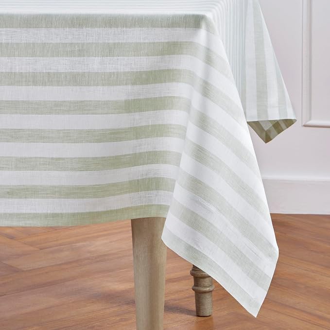 Solino Home Linen Striped Tablecloth 60 x 108 Inch - 100% Pure Linen Sage and White Table Cloth for Rectangle Tables - Sorrento Stripe, Machine Washable Tablecloth for Fall, Thanksgiving, Christmas