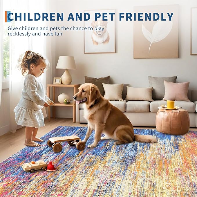 Modern Abstract Area Rug 4x6 Washable Rug for Living Room, Ultra Soft Rug for Bedroom, Non Slip Indoor Floor Carpet, Stain Resistant Rugs for Home Decor Office, Blue/Orange
