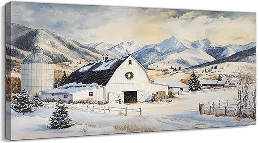 GUTTATY Christmas Winter Farm Canvas Wall Art, Snowy Mountain Scene Canvas Prints, Rustic Barn Painting Pictures for Living Room, Holiday Wall Decor, Country Landscape Poster Artwork, 16x8 Inch