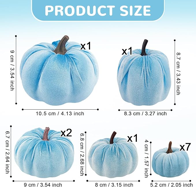 Artificial Velvet Pumpkins Fake 12Pcs Assorted Halloween Thanksgiving Handmade Autumn Centerpiece Decorating for Kitchen Table Wedding Blue
