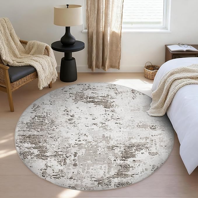 Modern Abstract 8x8 Round Area Rug Non Slip Non Shedding Rug Low Pile Stain Resistant for Bedroom Living Room Office Dining Room,Taupe/Beige