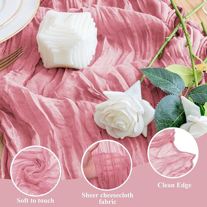 Wokceer Cheesecloth Table Runner 2Pack 10FT Dusty Rose Boho Gauze Cheese Cloth Table Runner for Party Long Rustic Sheer Table Runners for Baby Bridal Shower Wedding Easter Table Decor