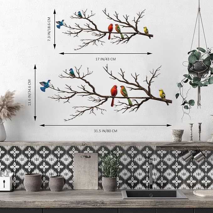 Metal Birds Wall Art, Metal Vivid Birds on Branch Silhouette Wall Decor Black Leaves with Bird Outdoor Hanging Wall Sculpture for Home Balcony Garden (Vintage Color, Small)