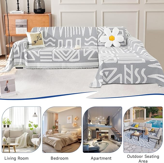 VClife Boho Couch Cover for 3 Cushion Couch Chenille Sofa Cover for Sectional Sofa, Modern Gray Sofa Slipcover Washable Couch Covers for L-Shape Sofa Reversible Sofa Protector 71''x134''