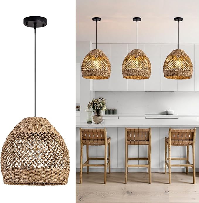 Rustic Rattan Pendant Lights, 13.78" Hand-Woven Farmhouse Light Fixture, Round Ceiling Hanging Chandelier Crafts Lampshade for Kitchen Island Entry Living Room Bedroom Foyer Hallway