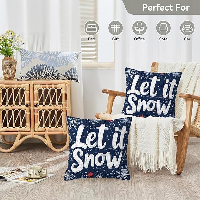 Christmas Pillow Covers 18X18, Let it Snow Decorative Throw Pillow Covers, Winter Christmas Snowflakes Pillow Cover Pillowcase Cushion Case for Home Sofa Couch Indoor Outdoor Set of 2