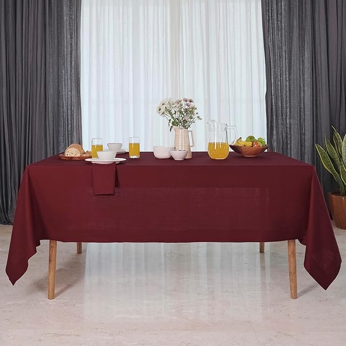 D'Moksha Homes Linen Tablecloth 60 x 102 Inch - 100% Pure Linen Dark Red Table Cloth for Rectangle Tables - Machine Washable Cloth Tablecloth for Fall, Thanksgiving, Christmas, Holiday