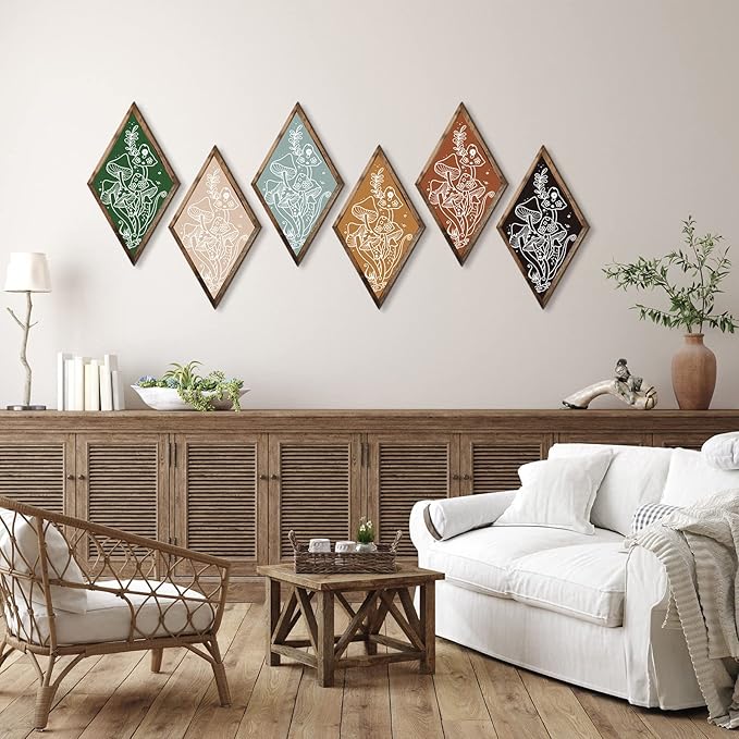 Nuenen 6 Pcs Farmhouse Home Wall Decor Western Geometric Diamond Frame Wall Hanging Boho Modern Abstract Art Prints Wooden Diamond Sign Decorations for Bedroom Living Room Bathroom(Mushroom)
