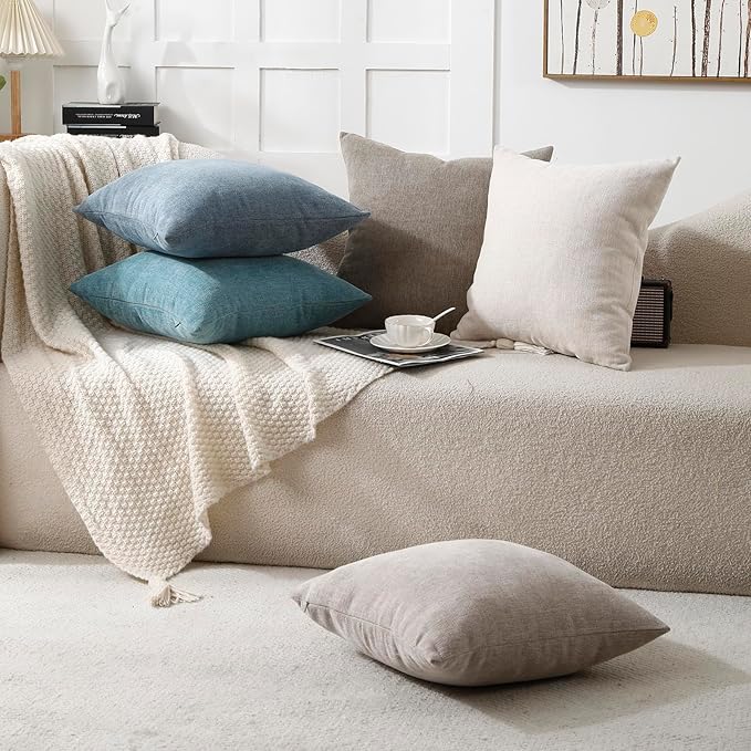 Jepeak 16x16 Inch Decorative Chenille Throw Pillow Covers, Pack of 2 Cozy Concise Pillow Cases Soft Farmhouse Modern Square Cushion Cover for Sofa Couch Bed Home Decor, Beige