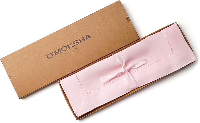 D'Moksha Homes Linen Placemats Set of 4 - Classic Hemstitch Pastel Pink Placemats 14 x 19 Inch - 100% Pure Linen Table Mats for Christmas, Holiday - Handcrafted and Machine Washable