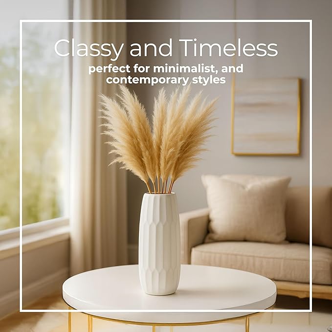 Oblong Decorative Vase with Textured Finish – Ceramic Decorative Vases for Home Decor – Modern Centerpiece Flower Vases for Living Room, Bedroom & Office – 14", White