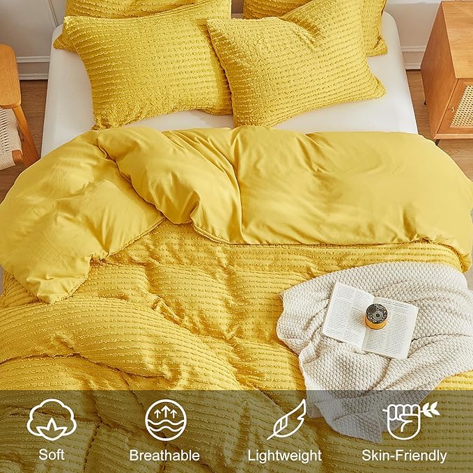 WARMDERN Boho Duvet Cover Set Queen Size,Yellow Striped Duvet Cover Microfiber Bedding Set,3PCS Ultra Soft Breathable Lightweight Tuft Texture Pattern Duvet Covers with Zipper Closure(Yellow,Queen)