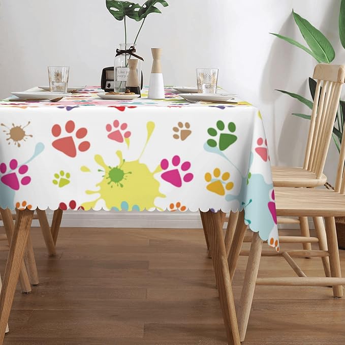 Colorful Paw Print Tablecloth Fun Animal Footprints Rectangle Tablecloth Hand Drawn Dog Paw Print Doodles Table Cover 54×72 Inch Washable Table Cloth for Kitchen Dining Room Party Decoration