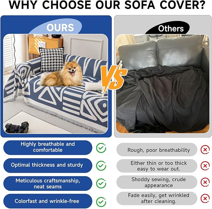 VClife Boho Couch Cover Sectional Sofa Cover for Dog Breathable Chenille Couch Covers for 2 Cushion Couch Sofa, Washable Dark Blue White Geometry Loveseat Cover Slipcover with Tassel 71"X102"