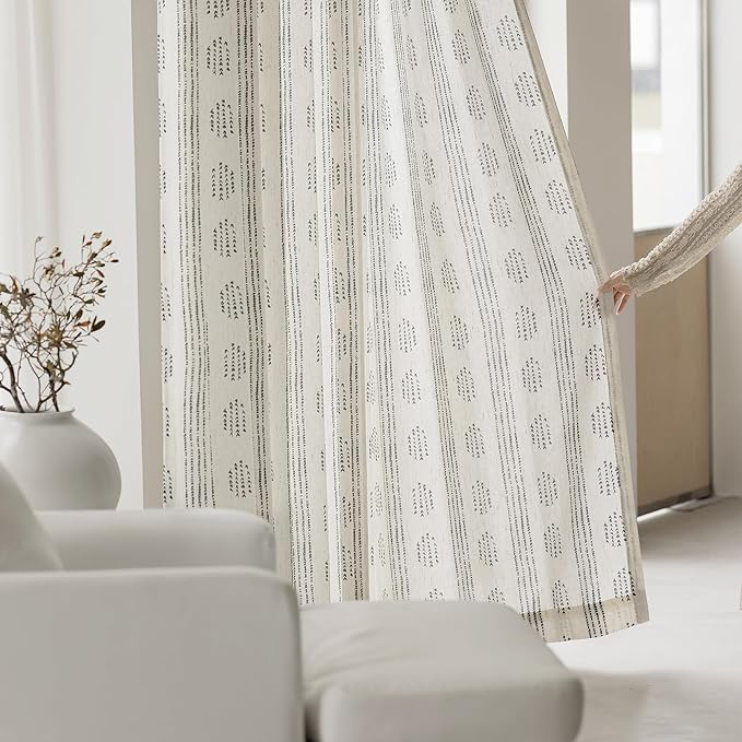 Boho Linen Curtains for Bedroom Living Room Black Farmhouse Boho Curtains 72 Inches Long Geometric Striped Patterned Mudcloth Grommet Top Light Filtering Window Drapes 2 Panels Black on Beige