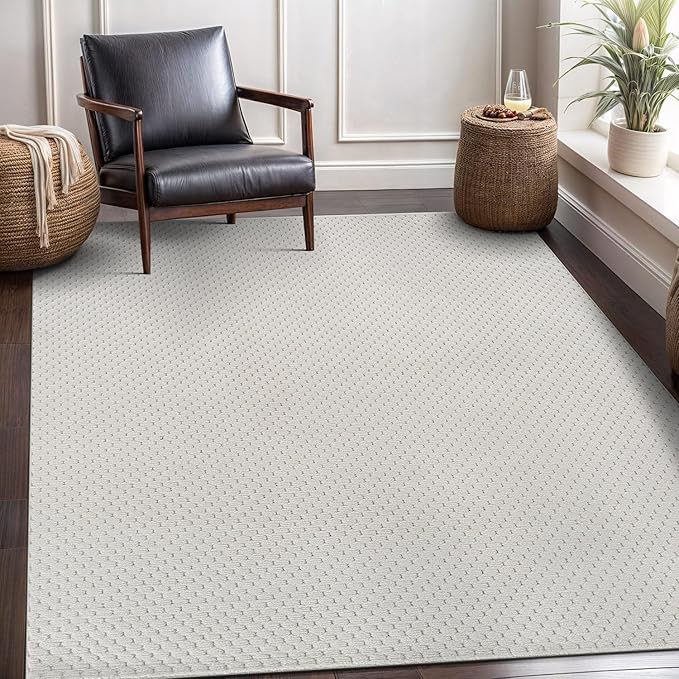 CAMILSON Modern Rug 5x7 Luxury Pebble Pattern Micro Loop Area Rugs Soft High-Low Pile Stain Resistant Easy to Clean Non-Shedding Durable Living Room Bedroom Indoor Carpet (White)