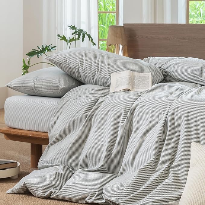 MooMee Striped Duvet Cover Set 100% Washed Cotton Linen Like Textured Breathable Durable Soft Comfy (Heathered Green Pinstripes, Alaska King 132"x120")