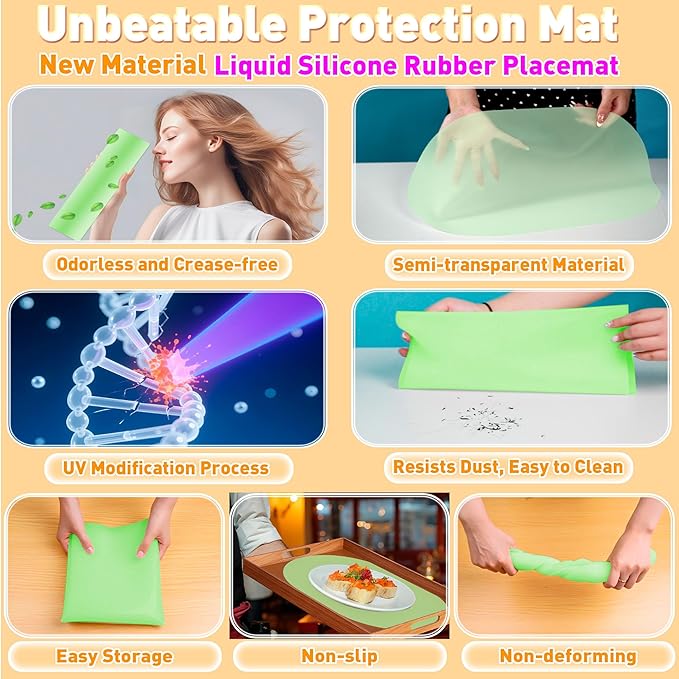 Oval Silicone Placemat Set of 4,Heat Resistant Placemats, Silicone Table Mats,Non-Slip Dining Mat for Home,Waterproof Easy Clean Kids Placemats,17"x12" LSR Translucent (4Pcs, Green)