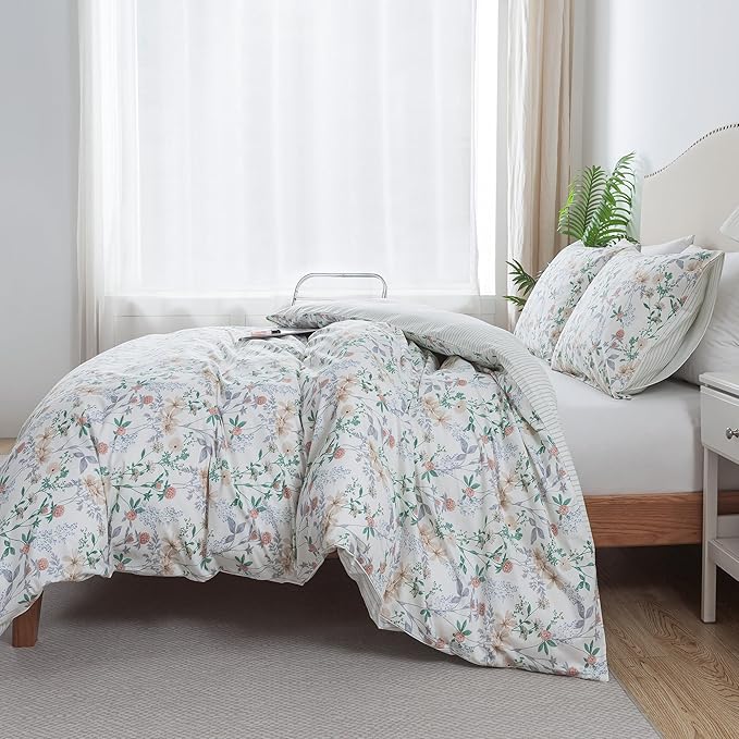 HoneiLife Duvet Dover Queen Size - 100% Cotton Comforter Cover, Breathable Bedlinen for Set for Queen Beds, 3-PC Wildflower Comforter Cover Sets,Desert Rose