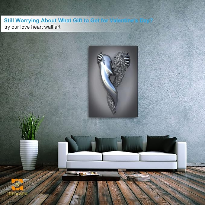 3D Metal Effect Wall Art - 3D Metal Canvas Art, Silver Modern Abstract hug Lovers Painting Picture Poster Prints for Bathroom, Romantic Couple Living Room Canvas Wall Art Framed 32”x48”x1Pcs