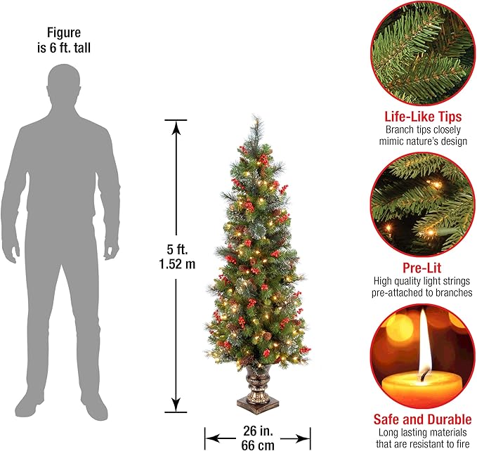 National Tree Company Pre-Lit Artificial Entrance Christmas Tree, Green, Crestwood Spruce, White Lights, Decorated with Pine Cones, Berry Clusters, Frosted Branches, Includes Pot Base, 5 Feet