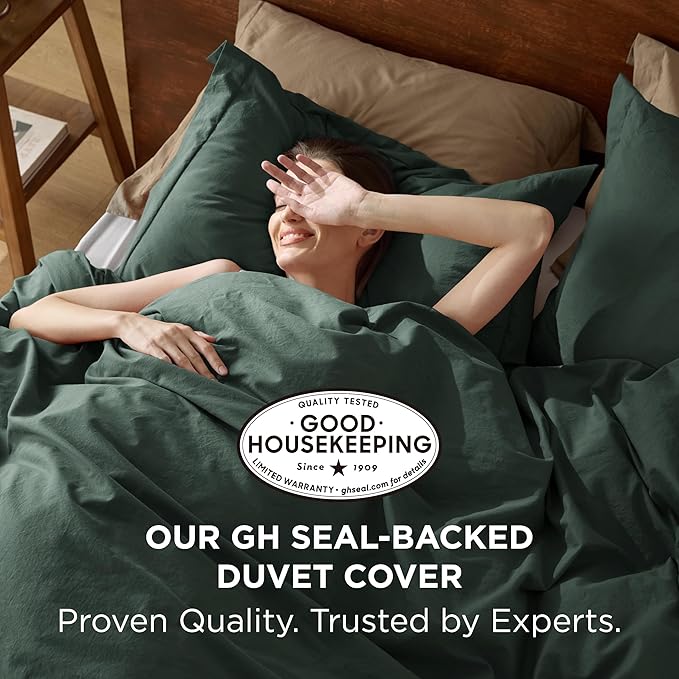 Bedsure 100% Washed Cotton Duvet Cover King Size - Forest Green Minimalist Cotton Duvet Cover Linen Like for All Seasons - GentleSoft™ Plain Simple Bedding (Forest Green, King, 104"x90")