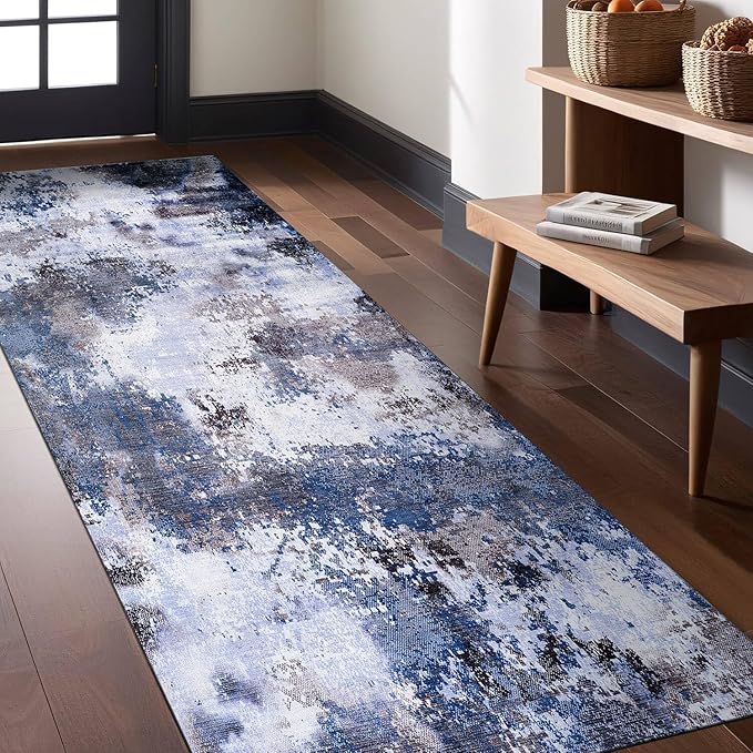 Non Slip Rugs 2x7 Modern Abstract Easy Silk Rubber Backing Soft Runner Rug for Hallways Easy to Clean Non Shedding Kitchen for Laundry Room Indoor Area Carpet (Navy - Blue, 2x7)