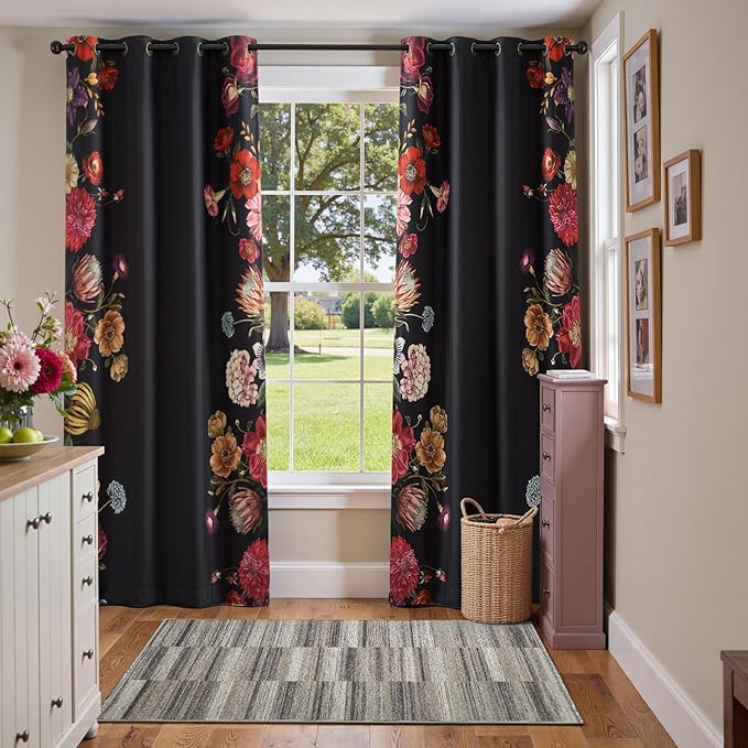 JINCHAN Hannah Floral Blackout Curtains with Retro Vintage Flower Print Drapes for Bedroom Living Room Fall Decor Winter Window Curtains Room Darkening 84 Inches Length 2 Panels Set with Grommet Black