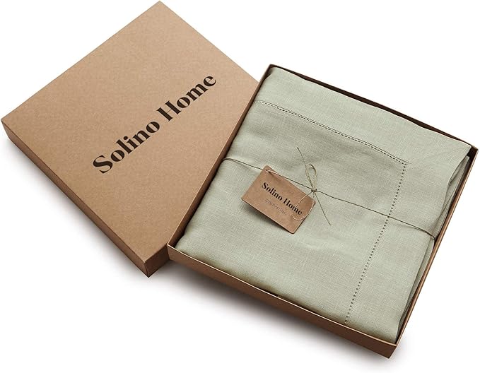 Solino Home Linen Sage Green Tablecloth 60 x 144 Inch - Classic Hemstitch, 100% Pure Linen Rectangular Tablecloth - Machine Washable Table Cloth for Fall, Autumn, Thanksgiving, Christmas, Winter