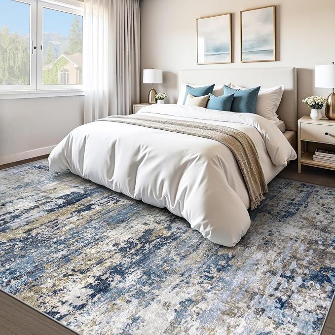 Area Rugs 9x12 for Living Room: Washable Rug Modern Abstract Neutral Soft Non-Slip Low-Pile Indoor Large Carpet for Bedroom Dining Room Playroom Home Office (Blue Grey Brown, 9'x12')