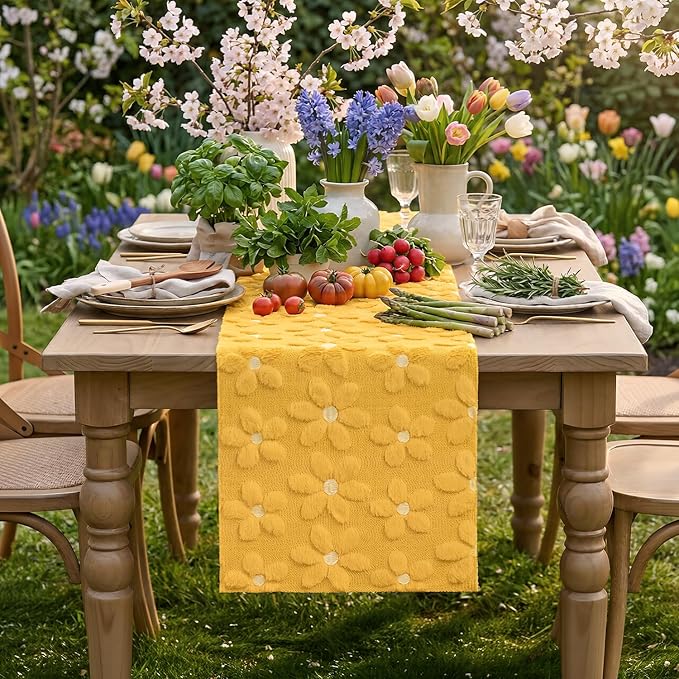Artoid Mode Yellow Soft Plush Faux Fur Jacquard Embroidery Daisy Spring Table Runner, Kitchen Dining Table Decoration for Home Party Decor 13x60 Inch