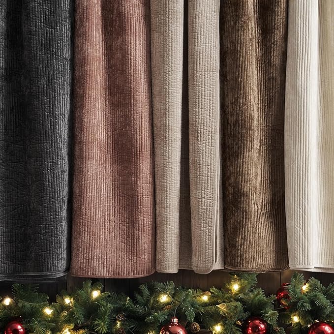 EverGrace Velvet Quilt Set Queen Size, Luxurious Soft Quilted Bedding Sets, Lightweight Velvet Comforter for All Season, Striped Channel Bedspread Coverlet with 2 Shams, Mushroom Brown