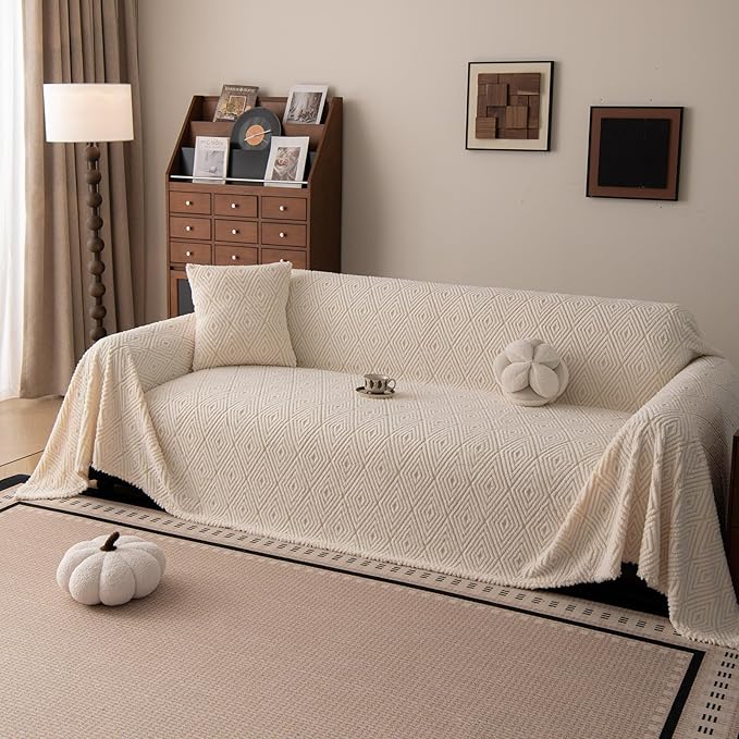 ROOMLIFE Striped Boho White Couch Cover for 2-3 Cushion Sofa, Fuzzy Plush Warm Sofa Slipcovers Sectional Sofas Covers, Non Slip Washable Furniture Protector Soft with Tassel,Winter 71''X118”