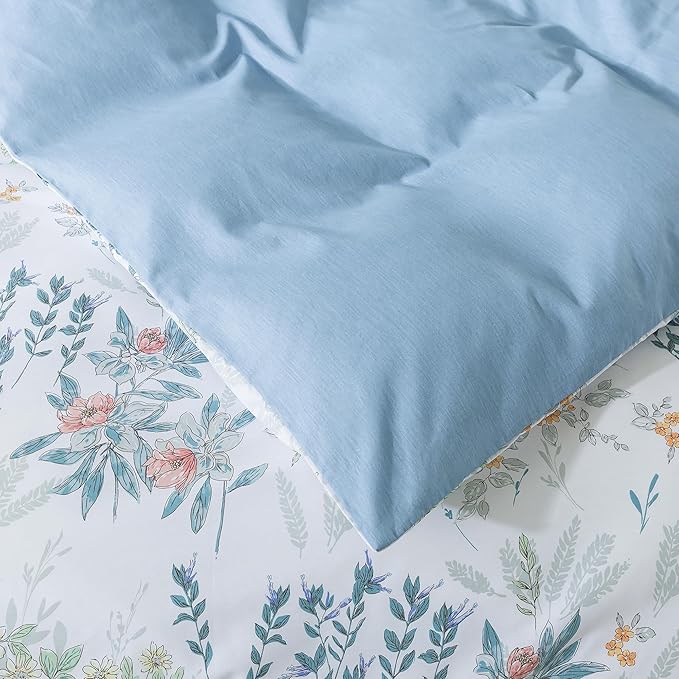 HoneiLife Floral Duvet Cover Queen - 100% Cotton Comforter Cover, Botanical Bedlinen Set with Zipper Closure & Corner Ties, 3-pcs Wildflower Comforter Cover Sets