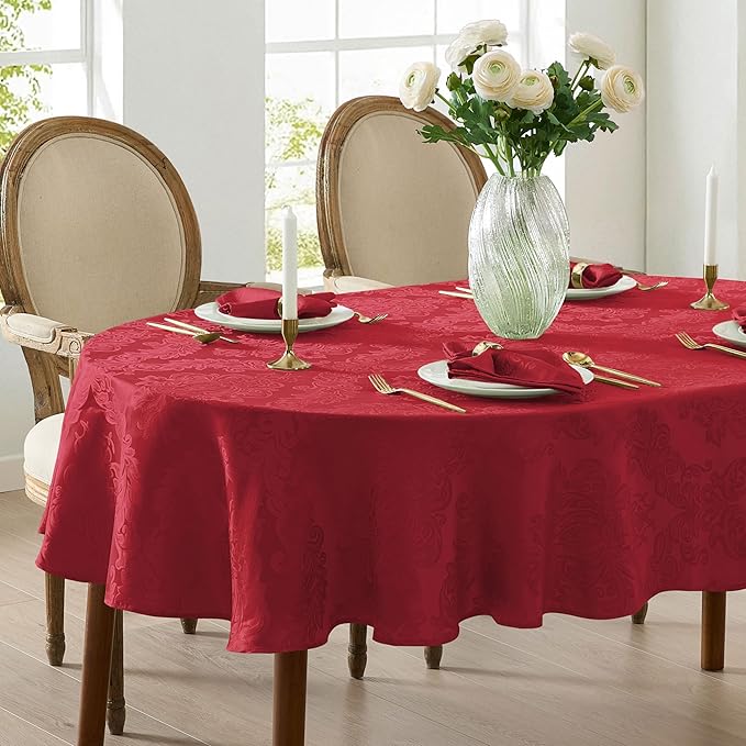 Newbridge Barcelona Damask Fabric Tablecloth, 60 x 84 Inch Oval, Red – No Iron, Soil Resistant Table Cover for Dining, Parties and Holidays