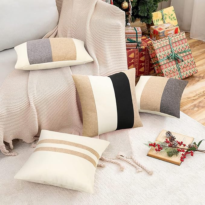 Set of 2 White Linen Patchwork Throw Pillow Covers 18X18 Farmhouse Decorative Square Striped Pillowcases for Couch Sofa Living Room Outdoor Decor
