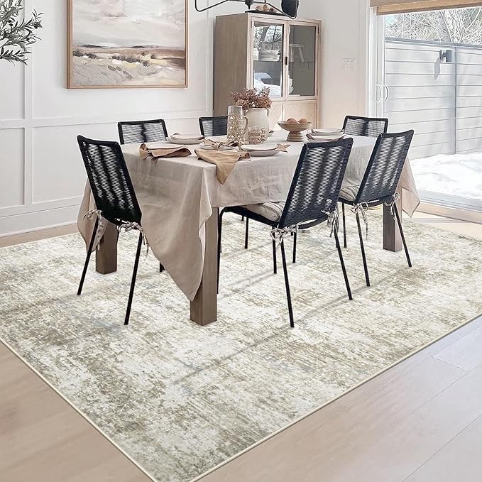 6x9 Washable Area Rug for Living Room: Modern Abstract Rugs Soft Non-Slip Low-Pile Indoor Floor Carpet for Bedroom, Dining Room, Nursery (BeigeBrownBlue, 6'x9')