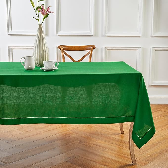 Solino Home Garden Green Linen Tablecloth 60 x 108 Inch - 100% Pure Linen Hemstitch Table Cloth for Rectangle Tables - Classic Hemstitch, Machine Washable Tablecloth for Christmas, Winter