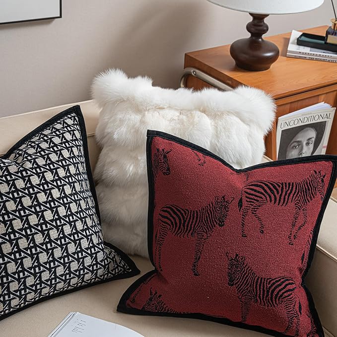 New 22x22'' inches Throw Pillow Cushion Covers - Zebra Pattern Red Color Chenille Jacquard Embroidery Luxury Modern Style Couch Sofa Bed Pillow Cover for Living Room Bedroom
