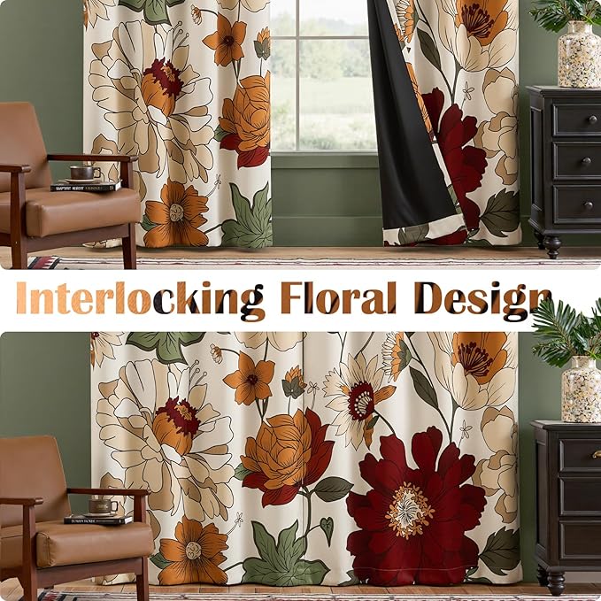 JINCHAN Lora Floral Curtains for Bedroom 95% Blackout Drapes Room Darkening Window Drapes Fall Decor Winter Vintage Flower Patterned Curtains for Living Room 84 Inch Length 2 Panels with Grommet Beige