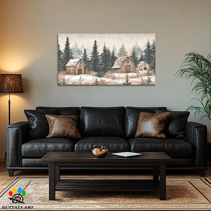 GUTTATY Christmas Winter Scene Canvas Wall Art, Rustic Barn and Forest Wall Paintings, Snowy Holiday Pictures Prints, Cozy Seasonal Canvas Artwork Poster for Living Room Bedroom, 24x12 Inch